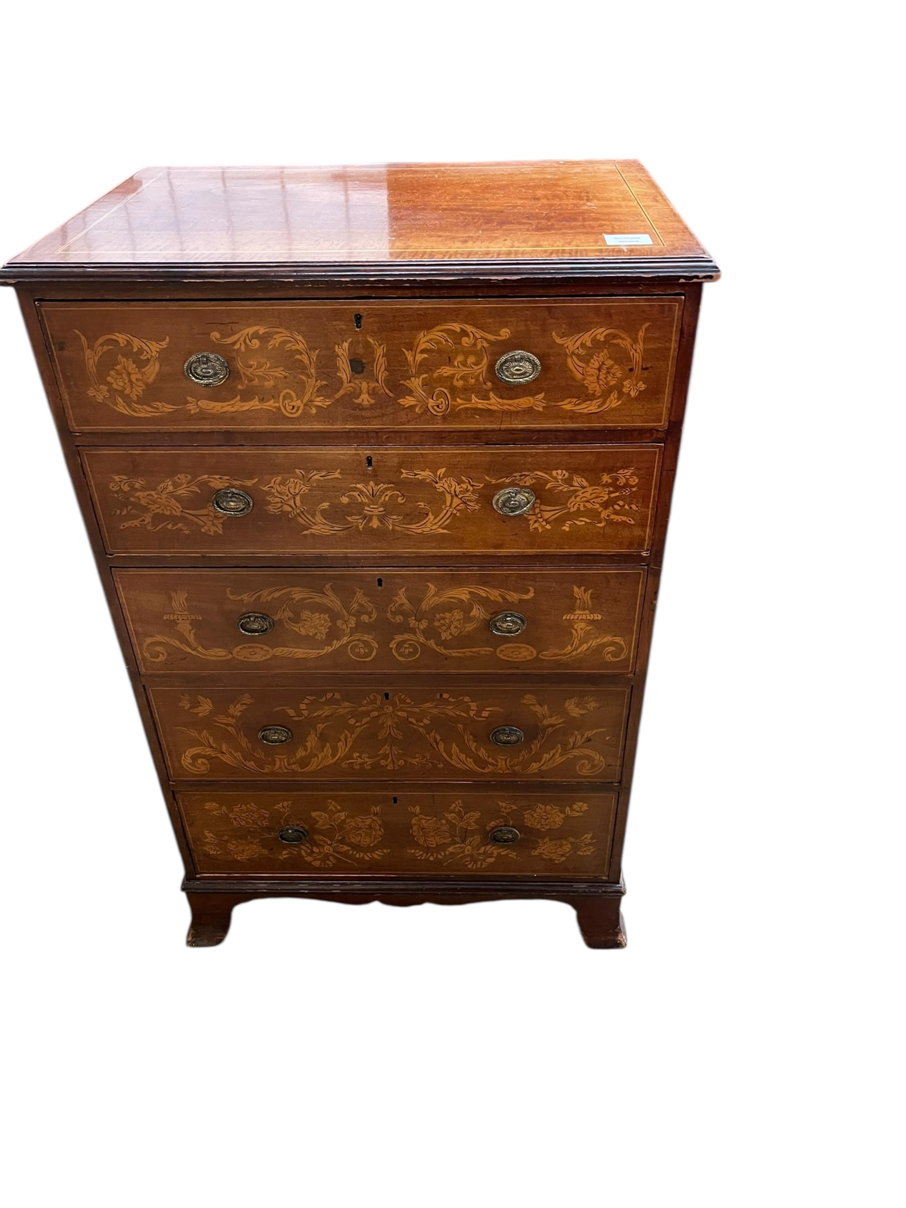 A small Edwardian marquetry inlaid mahogany chest, width 63cm, depth 44cm, height 98cm